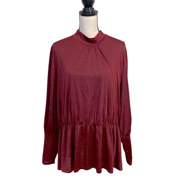 Lane Bryant Burgundy Sparkle Mock Neck Peplum Top Size 22/24 - Picture 1 of 8